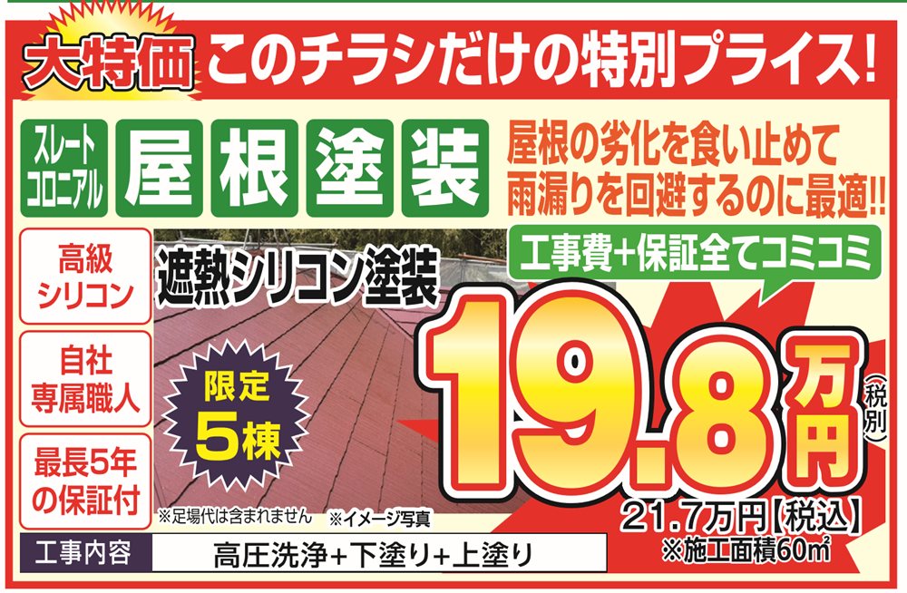 このチラシだけの特別プライス 屋根塗装 19.8万円